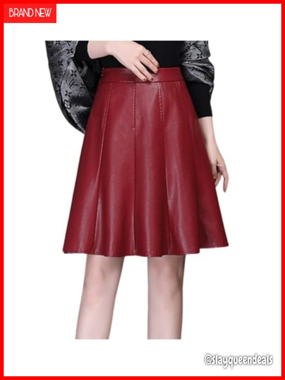 Women's High Waisted Faux Leather Pleated A-Line Midi Skirt Knee Length